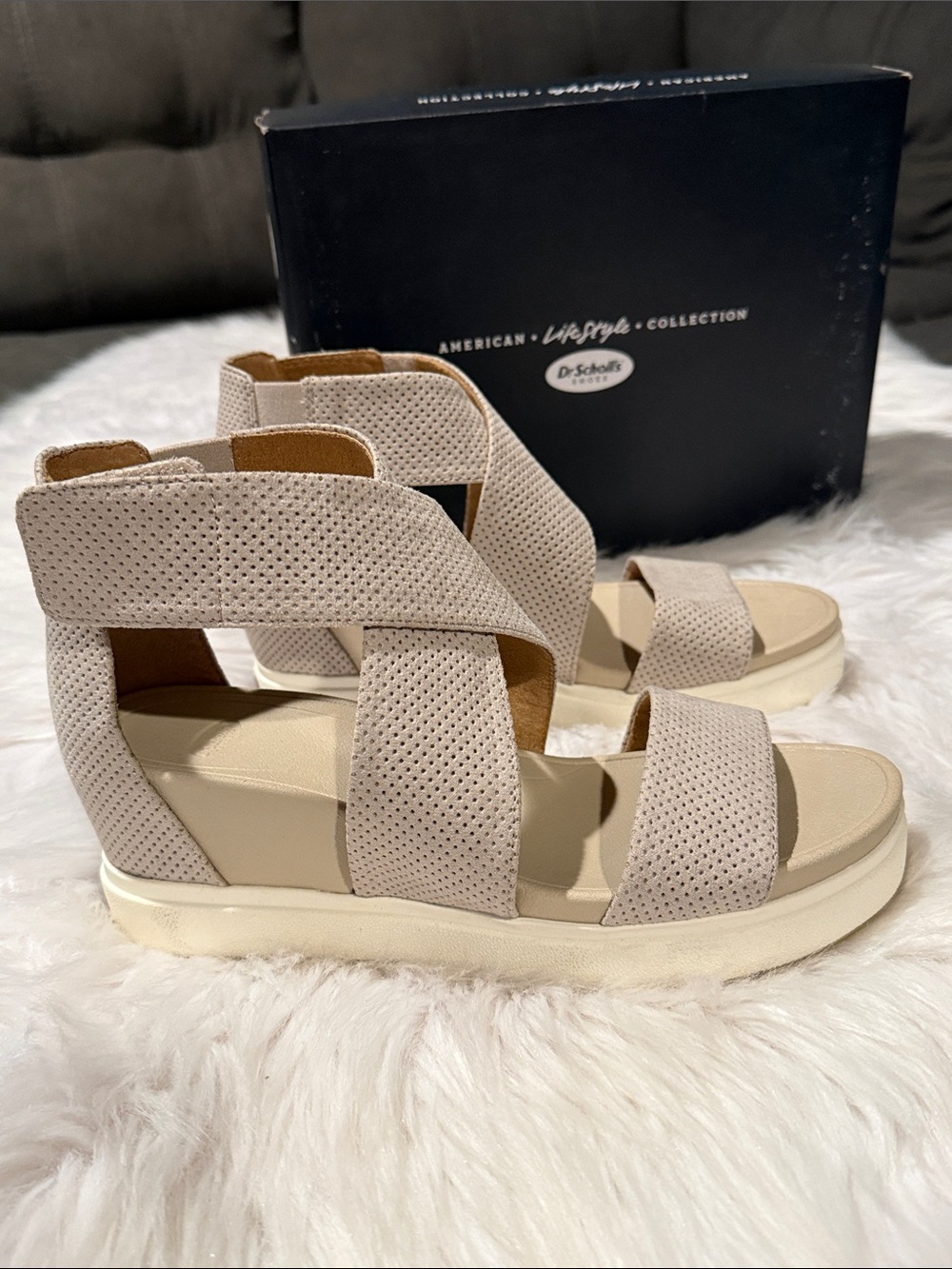 Dr. Scholl's Taupe Perforated Crisscross Platform Sandals